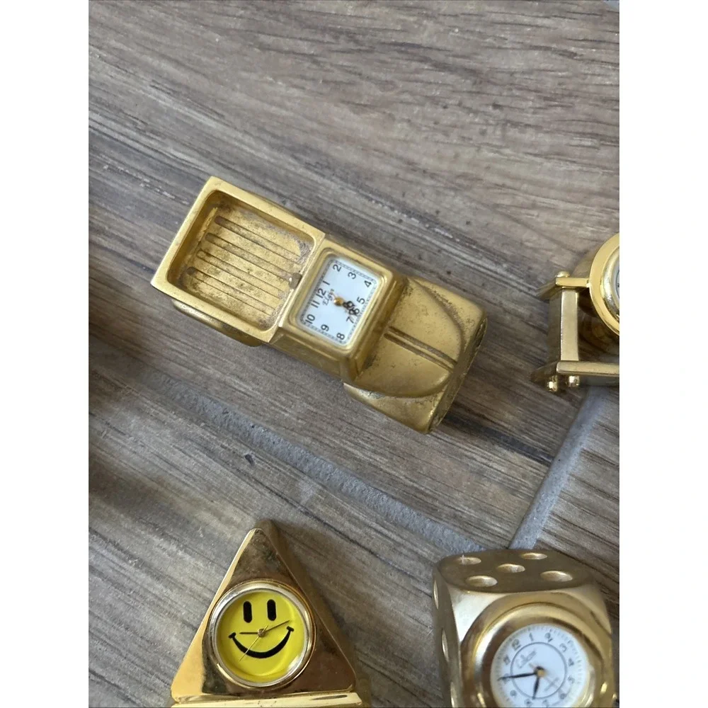 Lot Of‎ 5 Miniature Clocks ( Not Tested) Card, Dice, Smiley Face Clock